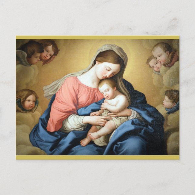 Sassoferrato Madonna och Child med Cherub Änglar Helg Vykort (Framsida)