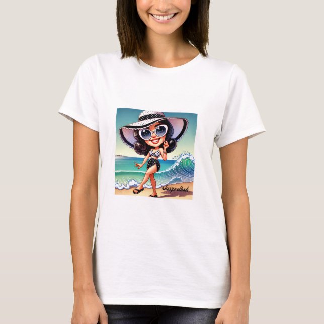 Sassprettude Beach Babe – Retro Seriestilillustrat T Shirt (Framsida)