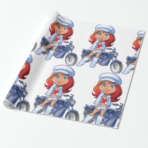 Sassy Biker Girl with Red Hair and Motorcle Presentpapper