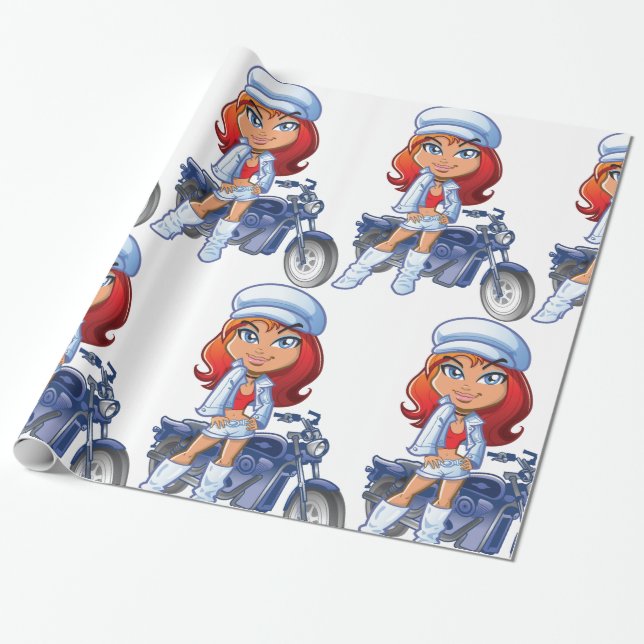 Sassy Biker Girl with Red Hair and Motorcle Presentpapper (Utrullad)