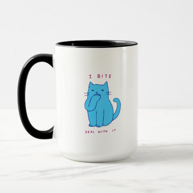 Sassy blå katt jag biter hantera det för kontoret mugg (Vänster)