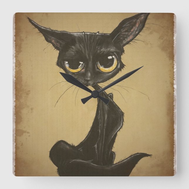 Sassy Black Cat Caricature Fyrkantig Klocka (Framsida)