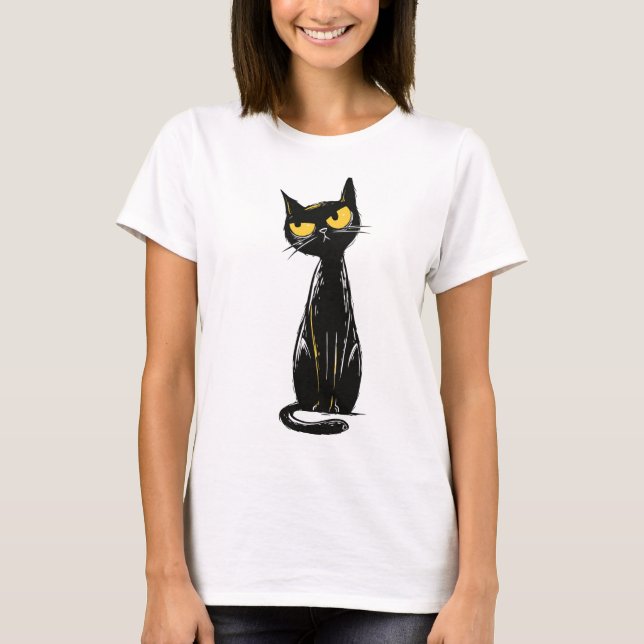 Sassy Black Cat - Grumpy Yellow Eyes Illustration T Shirt (Framsida)
