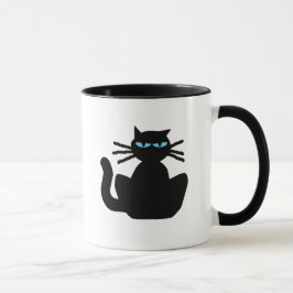 Sassy Black Cat med Blue Ögon Tecknad Mugg
