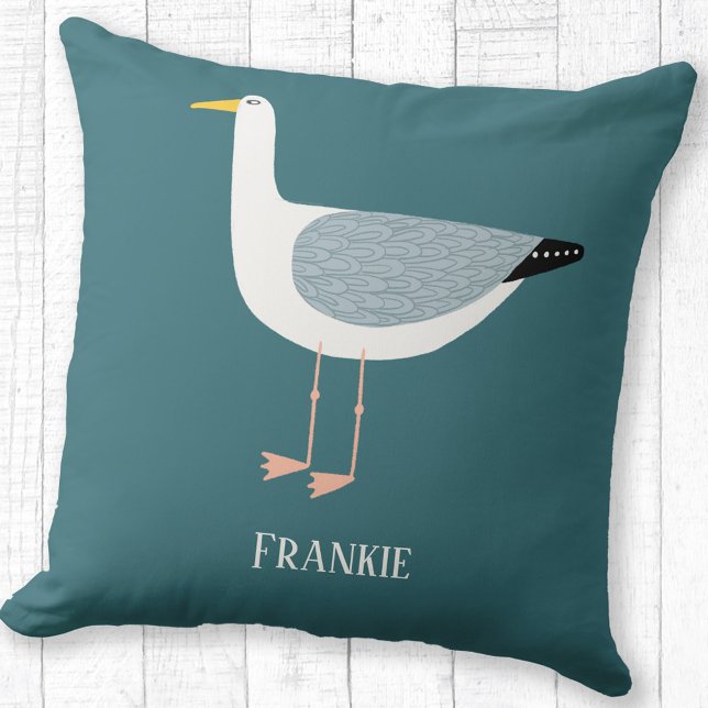 Sassy Fiskmås Personlig Kudde (Fun seagull personalized name coastal themed throw pillow)