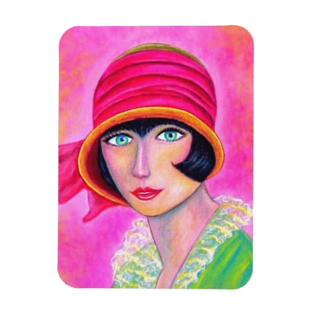 Sassy Flapper Girl Shock rosa Hat Roaring Twenties Magnet (Vertikal)