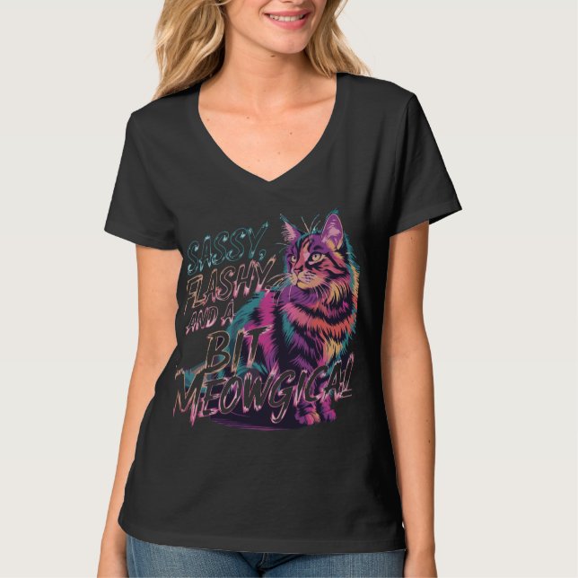 Sassy, Flashy & Meowgical - Rainbow Cat Attitude T Shirt (Framsida)