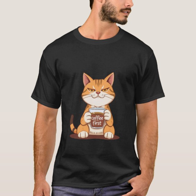 Sassy Ginger Cat Coffee First Morning Mood ✨🐾☕ T Shirt (Framsida)