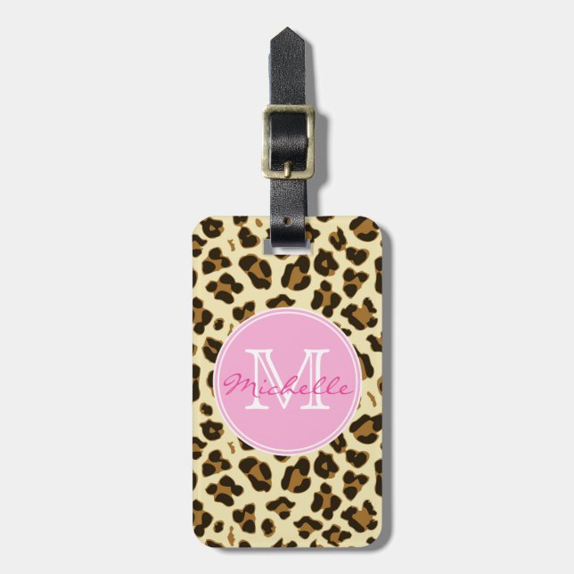 Sassy Leopard Skriv ut med Rosa Monogram Bagagebricka (Vertikal Framsida)
