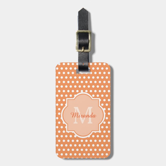 Sassy Orange Polka dots Monogram med Namn Bagagebricka (Vertikal Framsida)