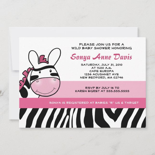 Sassy Rosa Zebra Rand Diva Baby Shower 5x7 Invit Inbjudningar (Framsida)