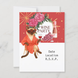 Sassy Siamese Cat dricker för Vin party inbjudan
