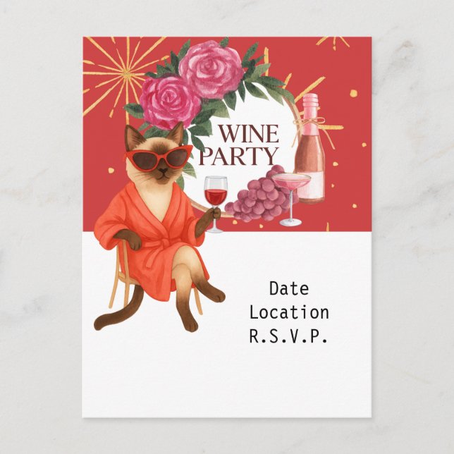 Sassy Siamese Cat dricker för Vin party inbjudan (Framsida)