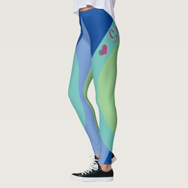 Sassy Smart Script Geometrisk Blå Grön Leggings (Vänster)
