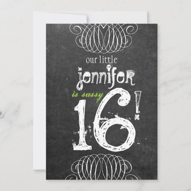 Sassy svart tavlainbjudan för sweet sixteen inbjudningar (Framsida)