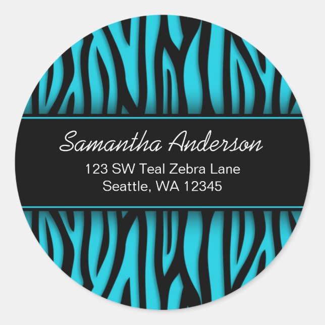 Sassy Teal Blue Zebra Anpassningsbar Address Label Runt Klistermärke (Framsida)