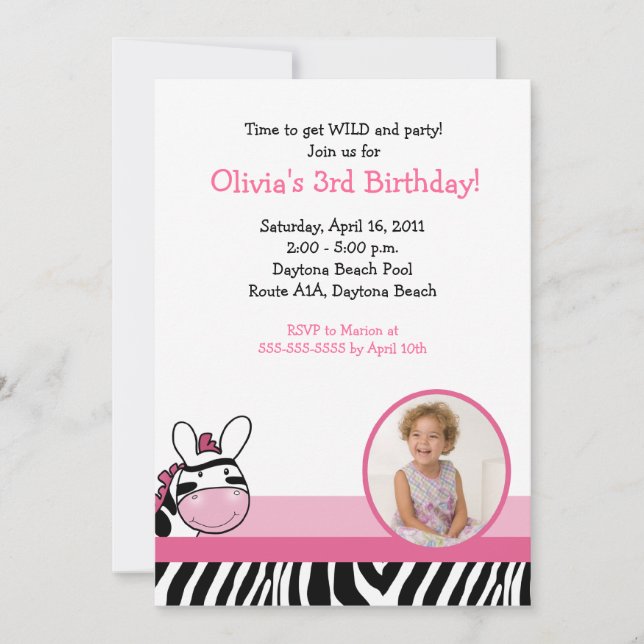 SASSY ZEBRA RAND DIVA *PHOTO* Birthday 5x7 Inbjudningar (Framsida)