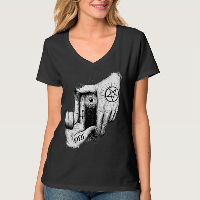 Satan is Watching you 666 Occult Baphomet Goat Sat T Shirt (Framsida)