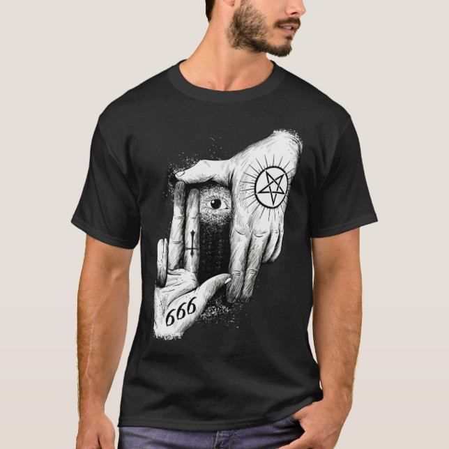Satan is Watching you 666 Occult Baphomet Goat Sat T Shirt (Framsida)