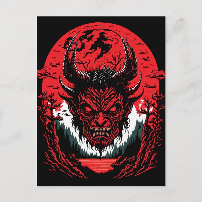 Satan Ond Ansikte | Djävulshuvud Grafisk Design Vykort (Framsida)