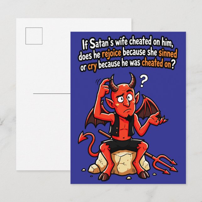 Satan Otrogen Hustru Synd Rolig Djävul Meme Vykort (Fram/baksida)