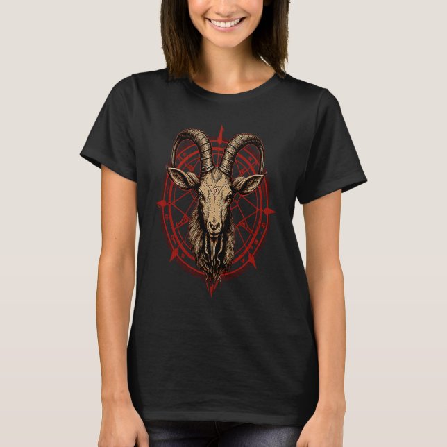Satanisk Pentagram Gethuvud Ockult Baphomet Ateist T Shirt (Framsida)