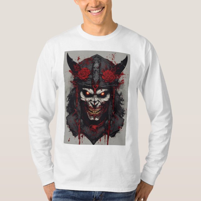 Sataniska symboler, arg zombie samurai ansikte, kr t shirt (Framsida)