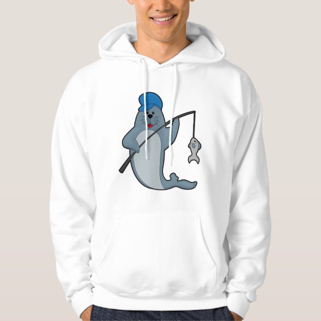 Säte vid fiske med fiskstav och fisk hoodie (Framsida)
