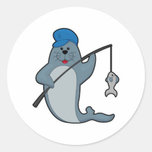 Säte vid fiske med fiskstav och fisk runt klistermärke