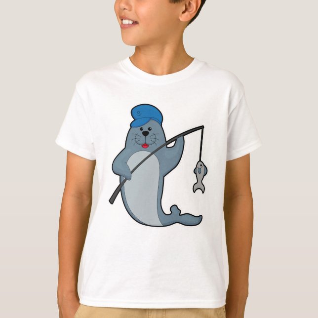 Säte vid fiske med fiskstav och fisk t shirt (Framsida)