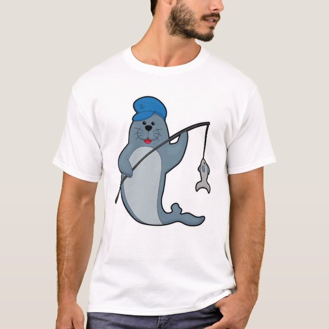Säte vid fiske med fiskstav och fisk t shirt (Framsida)