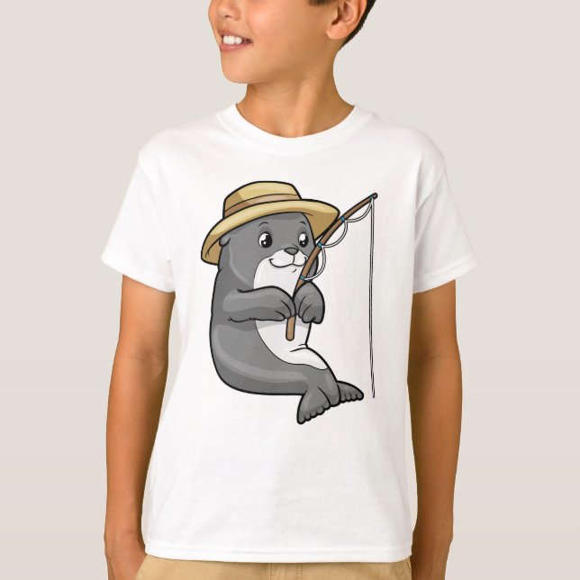 Säte vid fiske med fiskstav och fiskat t shirt (Framsida)