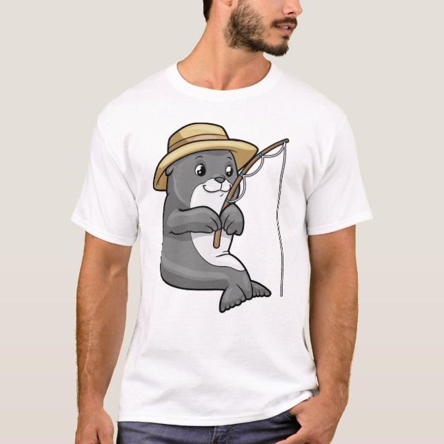 Säte vid fiske med fiskstav och fiskat t shirt (Framsida)