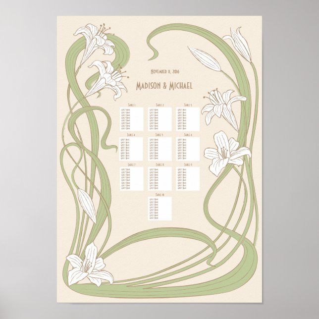 Sätesdiagram 10 Bord i Vita Lilies Bröllop Poster (Framsidan)