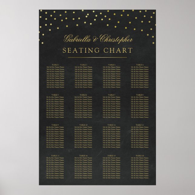 Sätesdiagram 16 Bord i Faux Guld Konfetti Bröllop Poster (Framsidan)