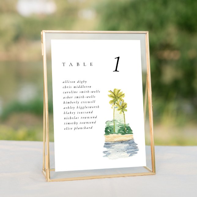 Sätesdiagram för Beach Handflatan Träd 5 x 7 tum B (Watercolor palm trees tropical beach wedding table number sign.)