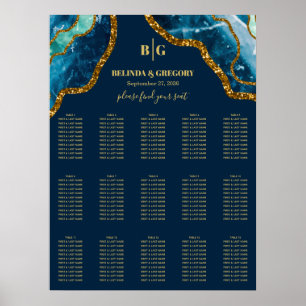 Sätesdiagram för blå Guld Agate Glitter Bröllop Poster