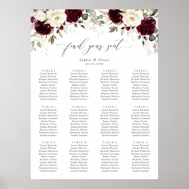 Sätesdiagram för blommigt Burgundy White Guld Bröl Poster (Framsidan)