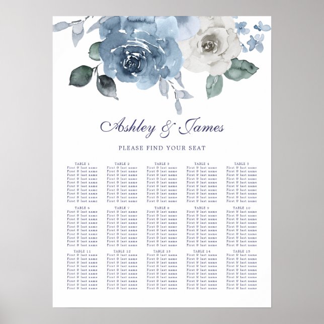 Sätesdiagram för blommigt Dusty Blue Ro Bröllop Poster (Framsidan)