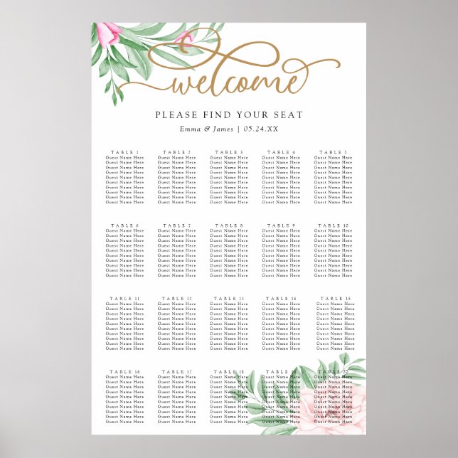 Sätesdiagram för Blommigt Eucalyptus Bröllop Poster (Framsidan)
