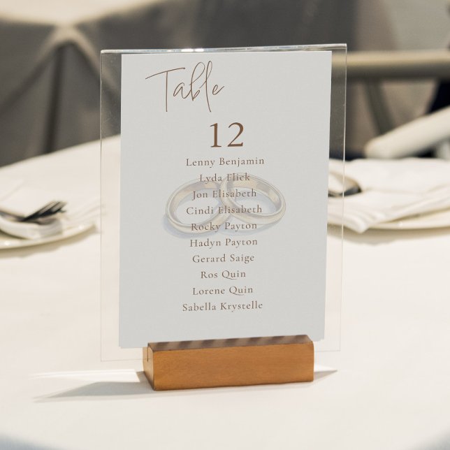 Sätesdiagram för Bordsnumret guld Bröllop Inbjudningar (Clear and elegant seating chart featuring two gold wedding rings, crisp table numbers and names.)