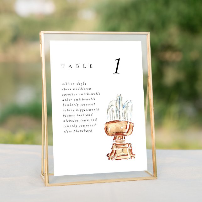 Sätesdiagram för Bryant Park Fontän NYC Bröllop (Watercolor Bryant Park Fountain New York City wedding table number seating chart sign.)