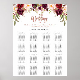 Sätesdiagram för Burgundy Blommigt Ro Guld Bröllop Poster
