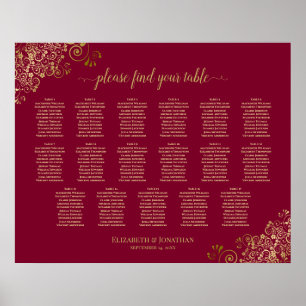 Sätesdiagram för Burgundy och Guld 17 Bord Bröllop Poster