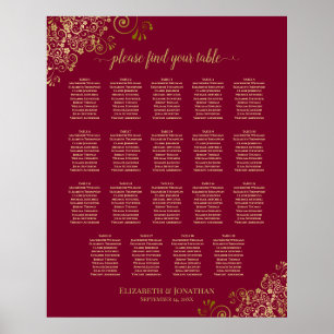 Sätesdiagram för Burgundy och Guld 19 Bröllop Bord Poster