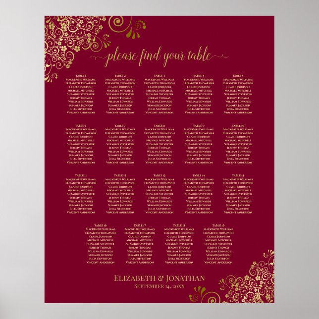 Sätesdiagram för Burgundy och Guld 19 Bröllop Bord Poster (Framsidan)