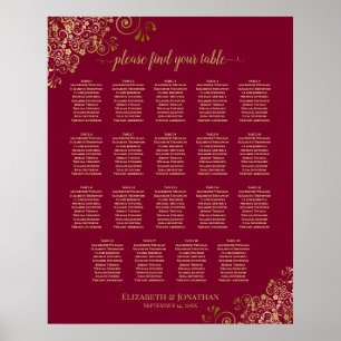 Sätesdiagram för Burgundy och Guld 19 Bröllop Bord Poster