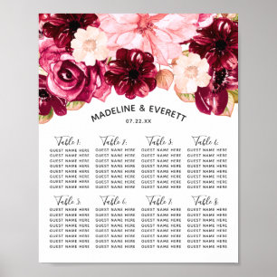 Sätesdiagram för Burgundy och Rosa Blommigt Bröllo Poster
