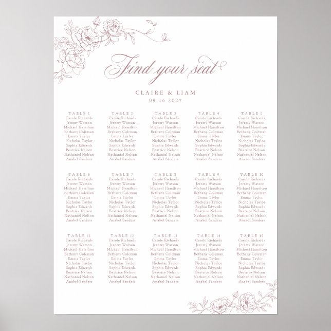 Sätesdiagram för elegant 15 Bord Ro Bröllop Poster (Framsidan)