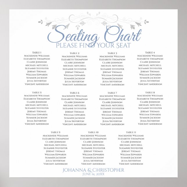 Sätesdiagram för elegant Blue & Grått 11 Bord Bröl Poster (Framsidan)